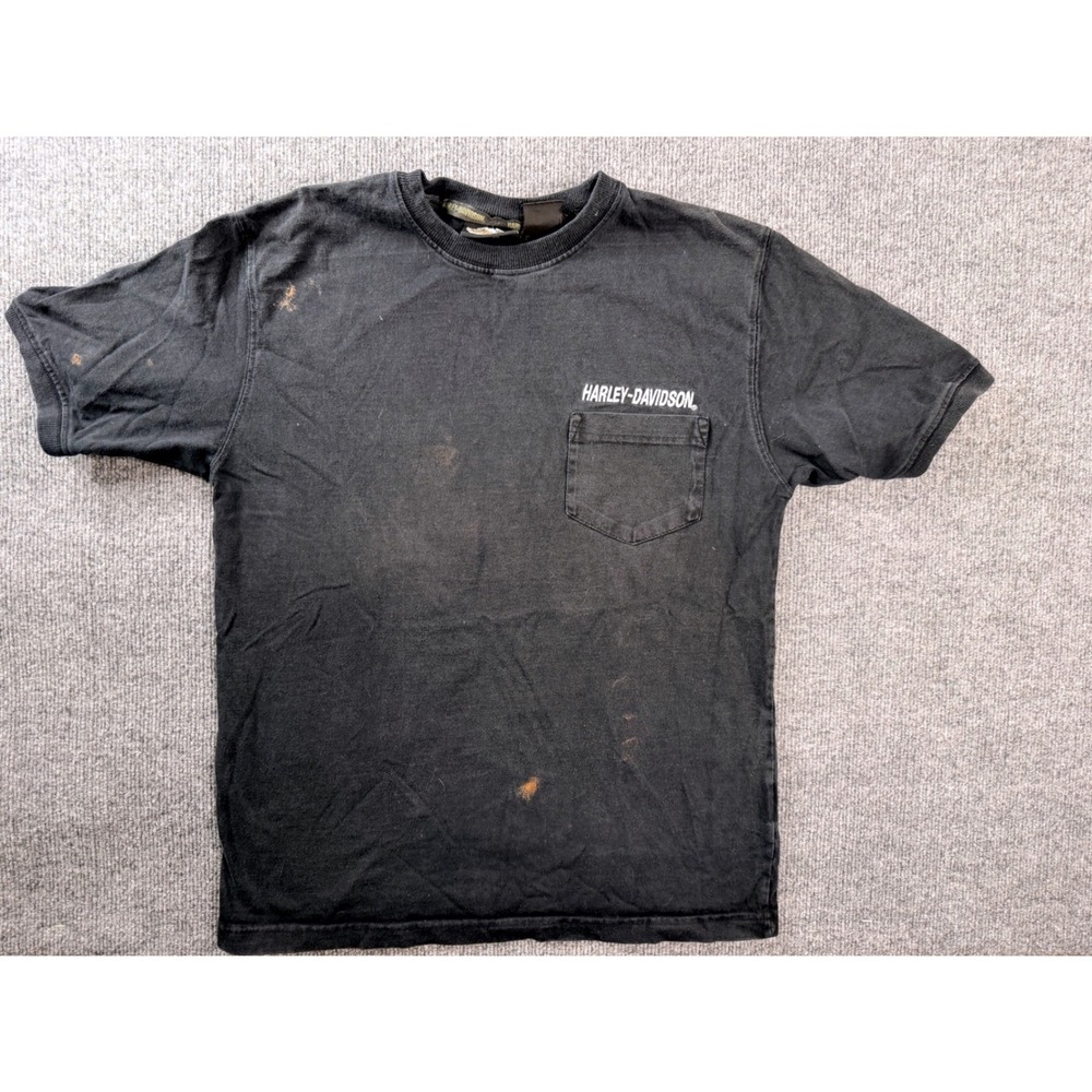 Harley Davidson Vintage Y2K Black Cotton Pocket T-Shirt Mens Small Bleach Stains